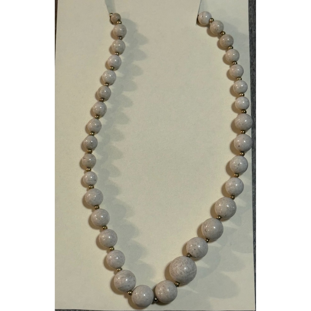 Vintage Graduated Speckled Stone Bead Necklace Gold Tone Spacers Cream Grey